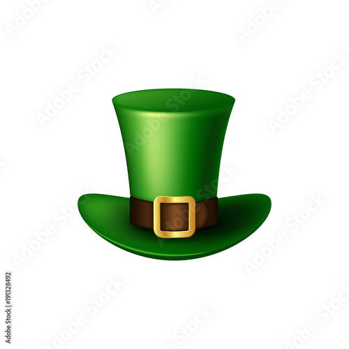 Realistic St. Patrick's Day green leprechaun hat. Isolated on white background. Vector illustration
