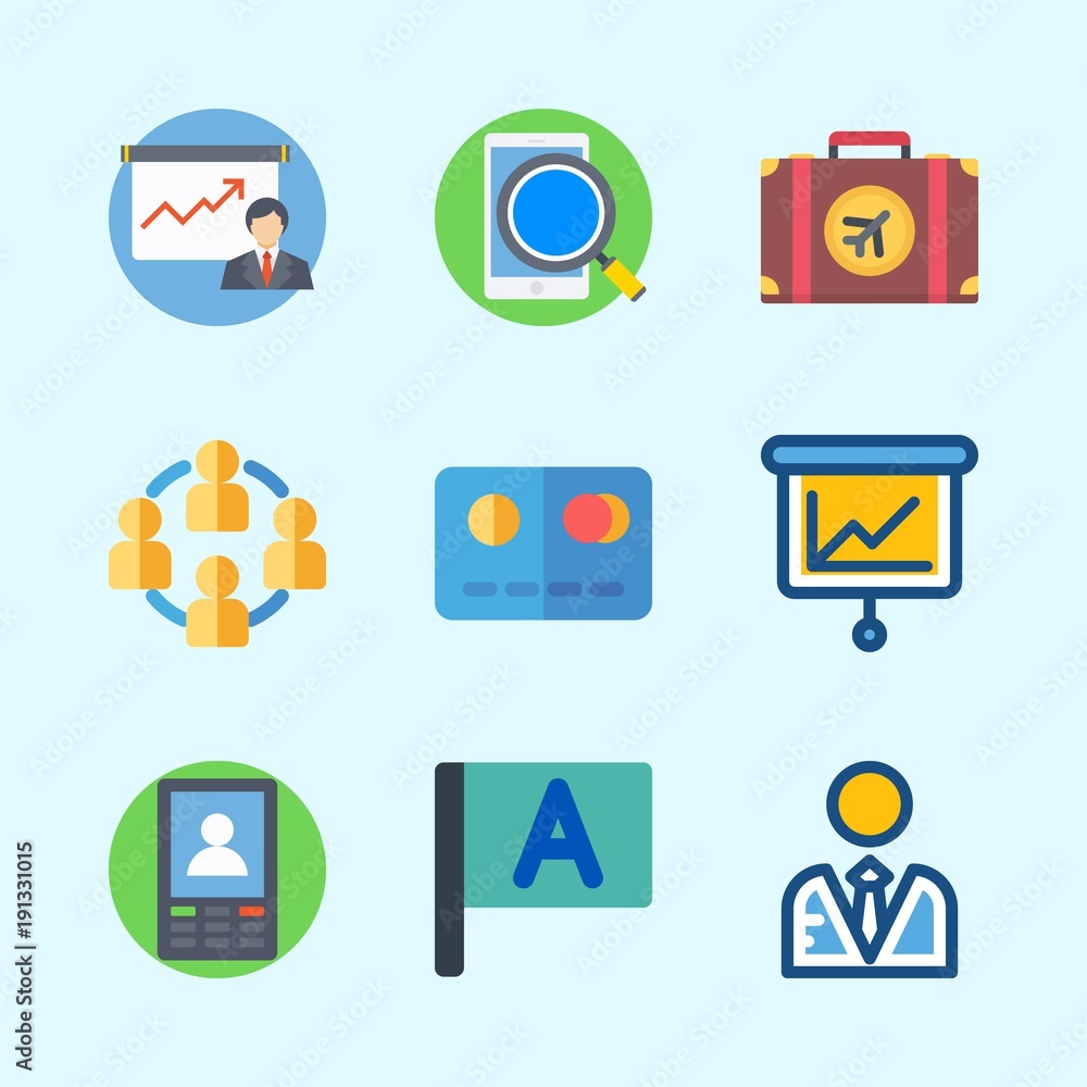 Icons about Business with smartphone, teamwork, presentation, suitcase, user and flag Icons about Business with smartphone, teamwork, presentation, suitcase, user and flag