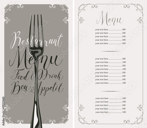 Vector template restaurant menu with price list, realistic fork and handwritten inscriptions in frame with curls in retro style
