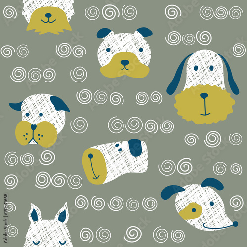 Seamless vector childish pattern with dog animal faces as backround or texture