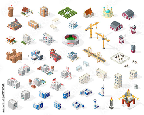 Collection of Realistic Isometric High Quality City Element for Map on Transparent Background . Buildings