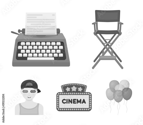 Chair of the director, typewriter, cinematographic signboard, film-man. Films and cinema set collection icons in monochrome style vector symbol stock illustration web.