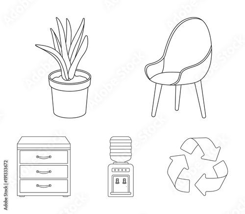 A red chair with a comfortable back, an aloe flower in a pot, an apparatus with clean water, a cabinet for office papers. Office Furniture set collection icons in outline style vector symbol stock