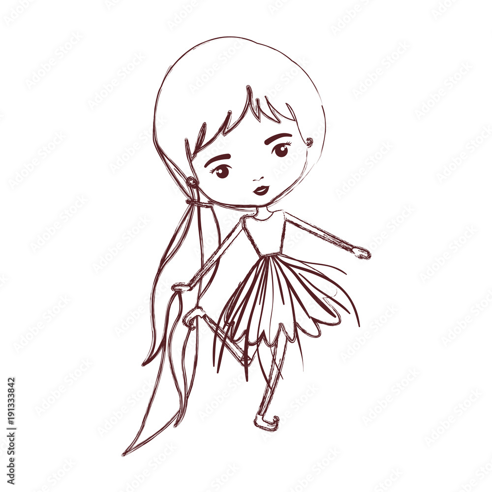 Fototapeta premium girly fairy without wings and long hair with pigtail and dress in brown blurred silhouette vector illustration