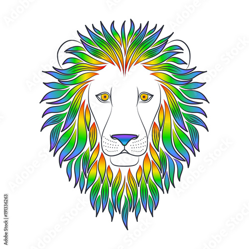 Isolated black outline head of lion with iridescent mane on white background. Rainbow line cartoon king of animals portrait. Curve lines.