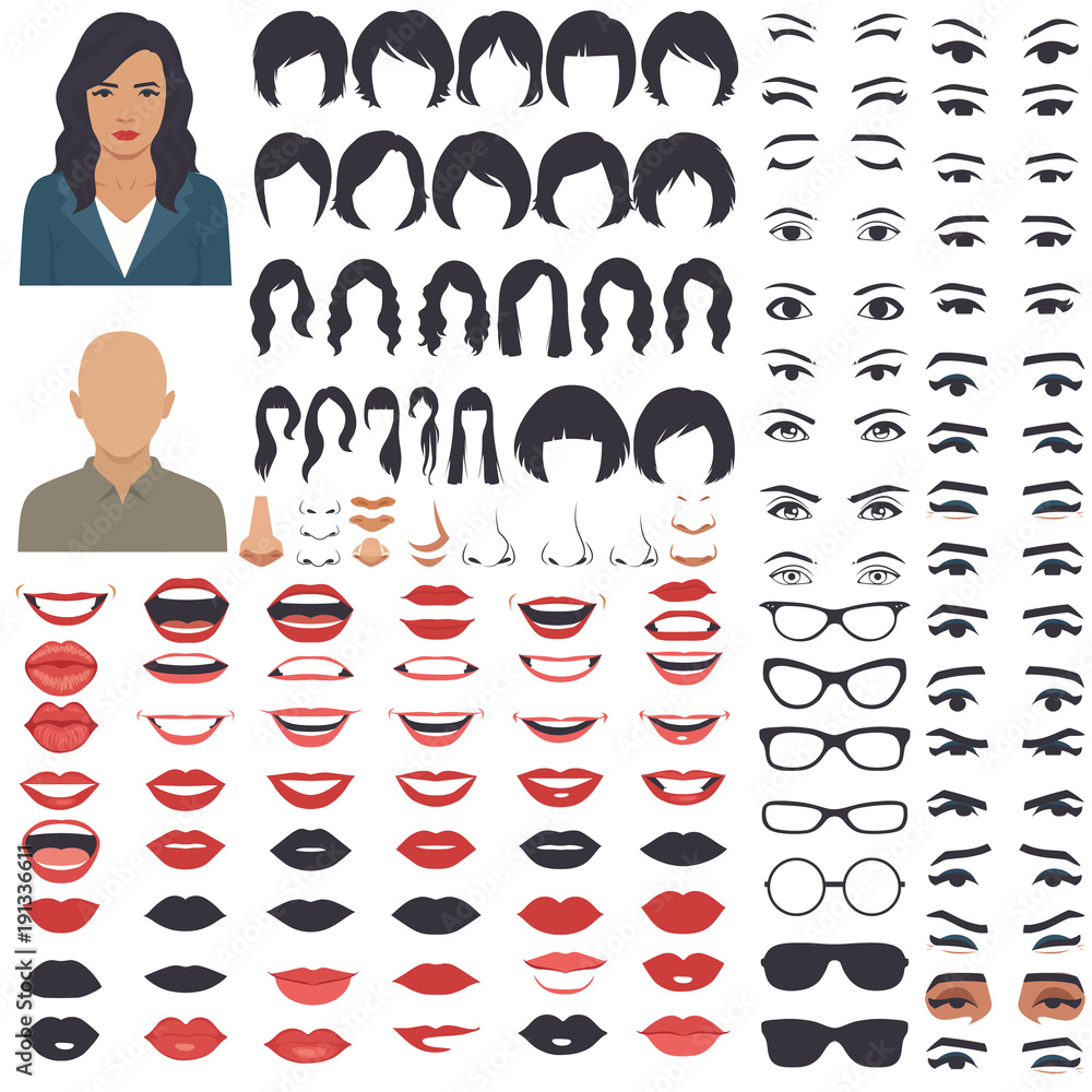Naklejka premium vector illustration of woman face parts, character head, eyes, mouth, lips, hair and eyebrow icon set