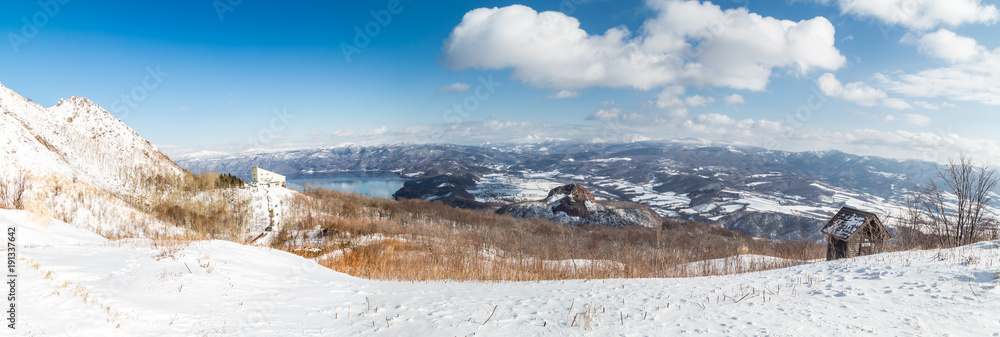 Fototapeta premium Panorama view of Showa Shinzan from Mount Usu or Usuzan