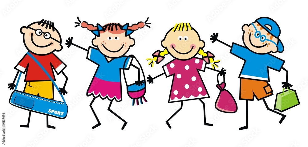 Happy school children, children with bags, funny vector illustration
Happy school children, children with bags, funny vector illustration