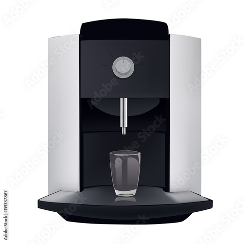 Coffee machine and glass isolated on white background. Appliance for making different coffee beverages.