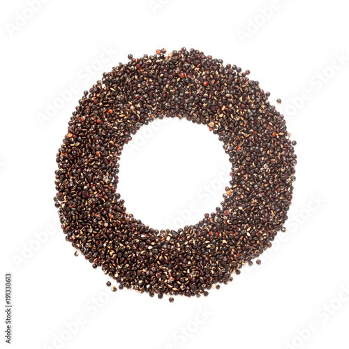 Organic Black Quinoa seed (Chenopodium quinoa)  in Ring Shape. Isolated on White Background.  Micro Closeup, Top view.