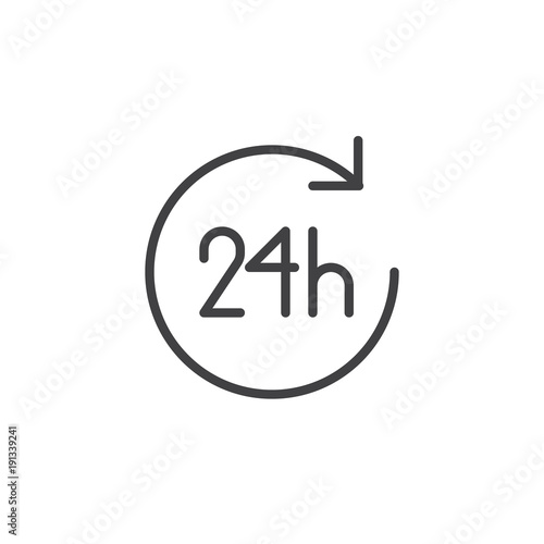 24 hours line icon, outline vector sign, linear style pictogram isolated on white. Open twenty four hours a day symbol, logo illustration. Editable stroke