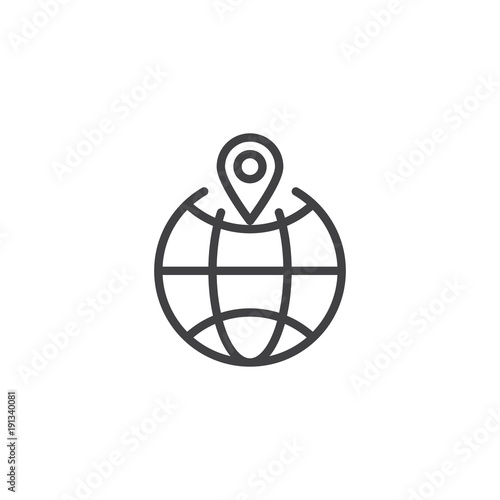 Location pin on a globe line icon, outline vector sign, linear style pictogram isolated on white. Global location symbol, logo illustration. Editable stroke