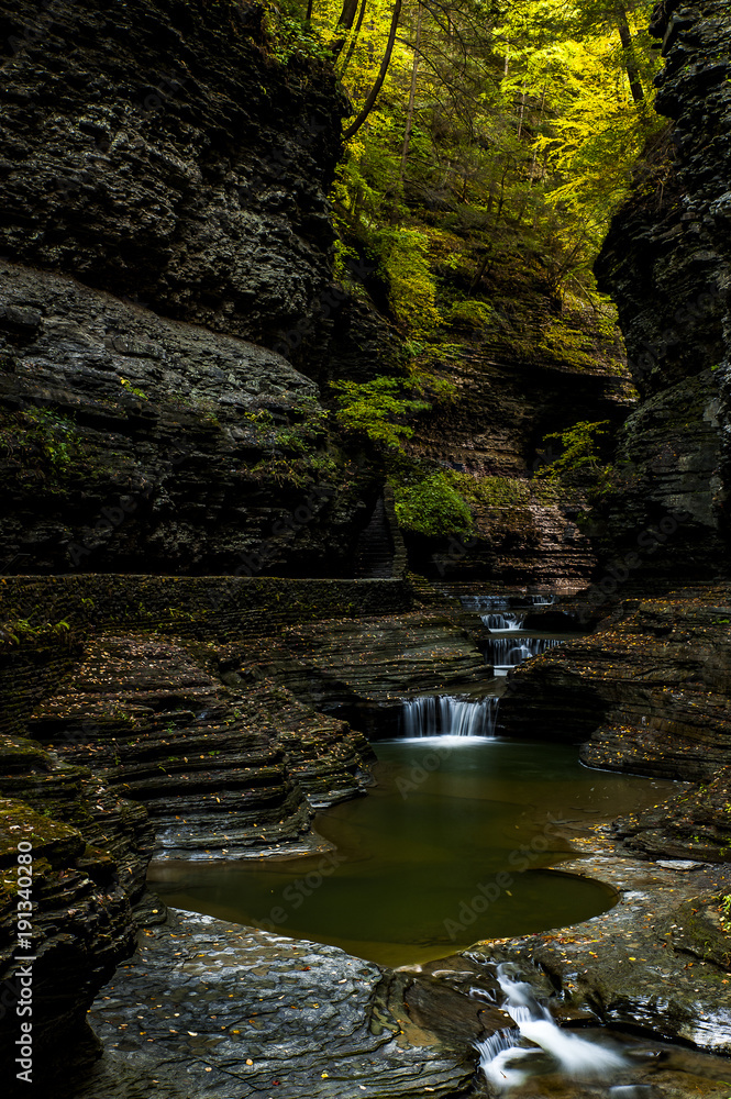 Waterfall, Glen & Autumn Colors at Sunset - Watkins Glen State Park Waterfall, Glen & Autumn Colors at Sunset - Watkins Glen State Park