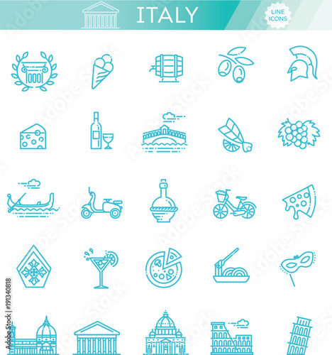 Italy icons set. Tourism and attractions, thin line design.