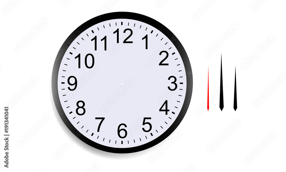 Blank round clock face with hour, minute and second hands isolated on white background. Vector