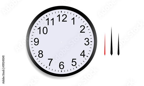 Blank round clock face with hour, minute and second hands isolated on white background. Vector illustration