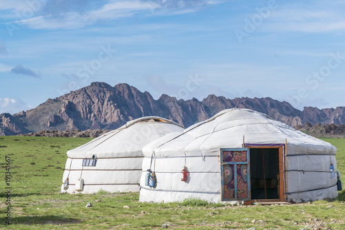 Mongolian gers and mountains in the background, Middle Gobi province, Mongolia
