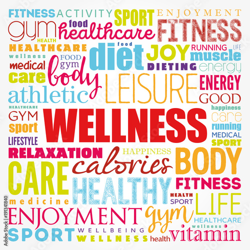 Wellness word cloud collage, health concept background