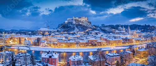 Twilight panorama view of Salzburg in winter, Salzburger Land, Austria