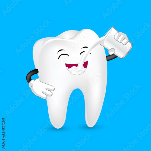 Cute cartoon tooth character drinking milk. Grate for health, dental care concept. Illustration isolated on blue background.