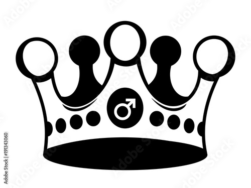 Crown with male sex symbol as metaphor of patriarchy - man is a dominant ruler, supreme authority. Vector illustration