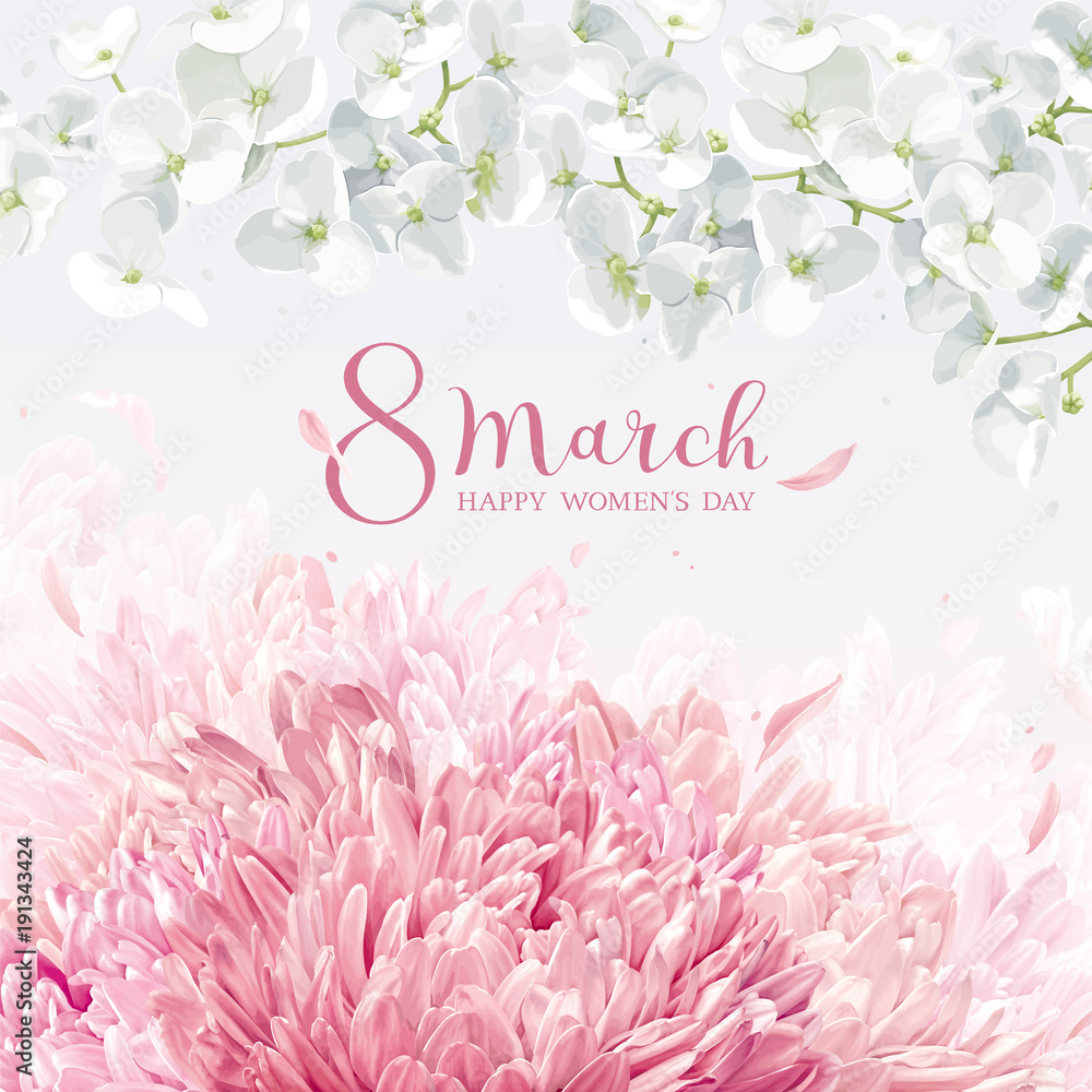 Chrysanthemums and Apple blossom for 8 March vector greeting card