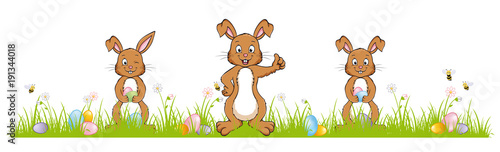 Happy Easter Banner with three funny Easter bunnv and friends 