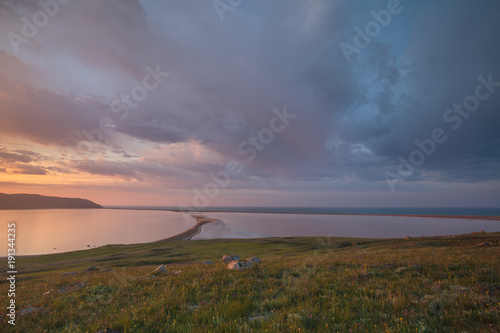 The movement of clouds in the spring in the steppe part of the Crimea peninsula at Cape Opuk.