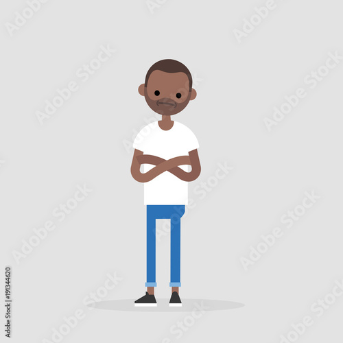 Young black doubting character standing with crossed arms and tilting head. Negative emotions. Concern. / flat editable vector illustration