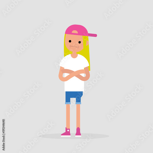 Young female doubting character standing with crossed arms and tilting head. Negative emotions. Concern. / flat editable vector illustration