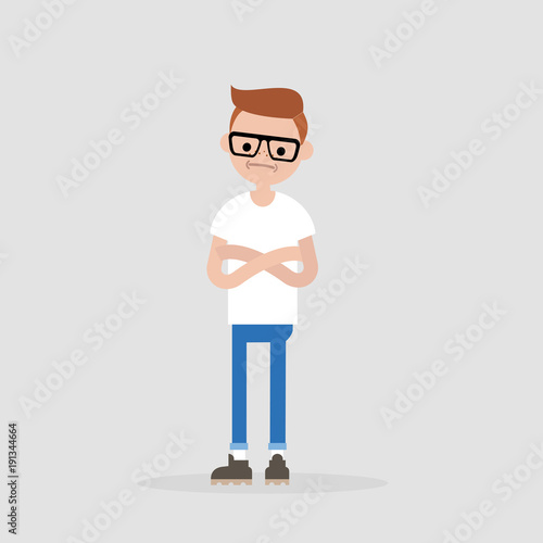 Young doubting character standing with crossed arms and tilting head. Negative emotions. Concern. / flat editable vector illustration