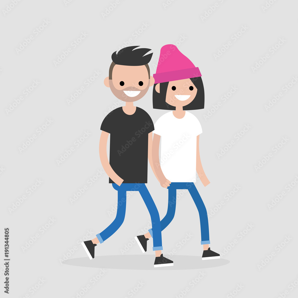 Young couple walking and holding hands. Romantic relationships. Love. Flat editable vector illustration, clip art
