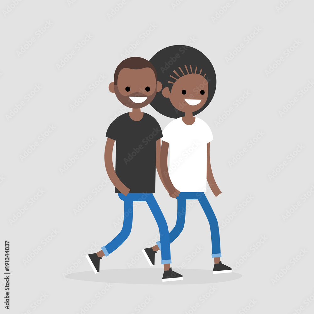 Young black couple walking and holding hands. Romantic relationships. Love. Flat editable vector illustration, clip art