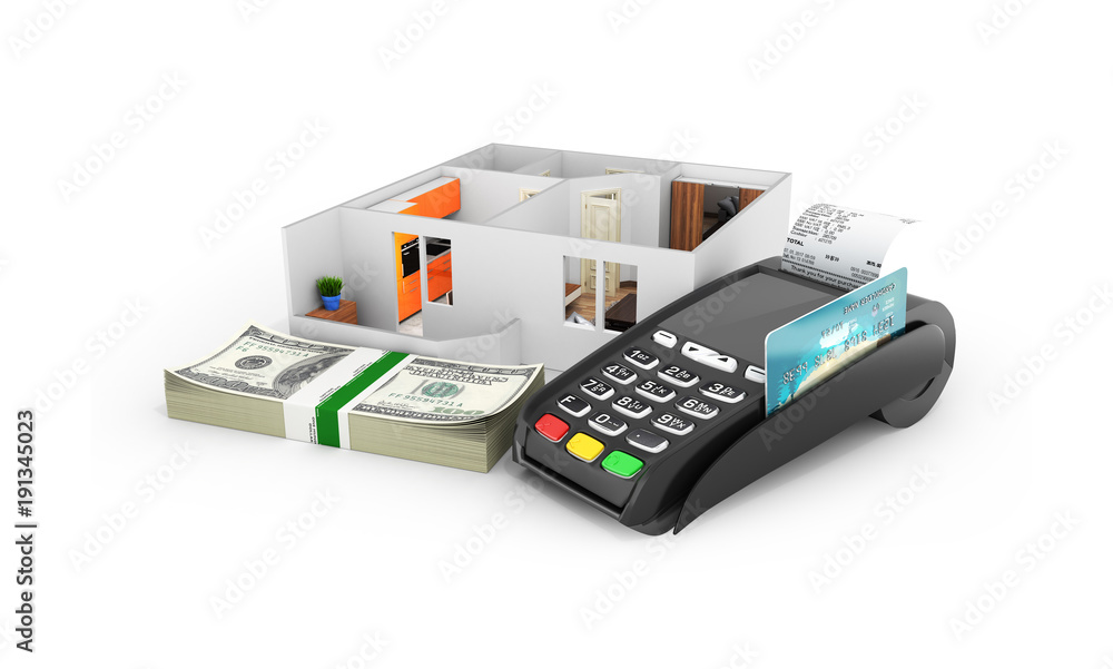 Concept of purchase or payment for housing Apartment layout with a stack of money american hundred dollar bills and POS terminal with empty screen isolated on white background 3d Concept of purchase or payment for housing Apartment layout with a stack of money american hundred dollar bills and POS terminal with empty screen isolated on white background 3d