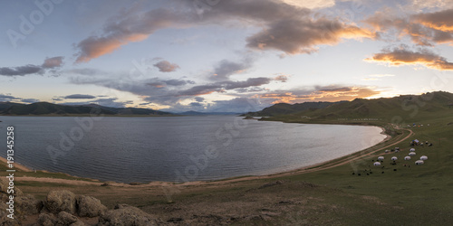 Sunset over White Lake, Tariat district, North Hangay province, Mongolia photo