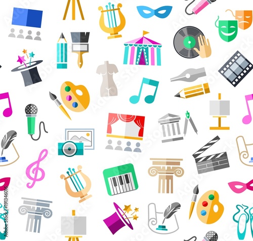 Culture and art, seamless pattern, color, white, vector. Leisure and cultural centres. Cultural events and the attributes of art. Colored icons on a white field. Vector picture.  