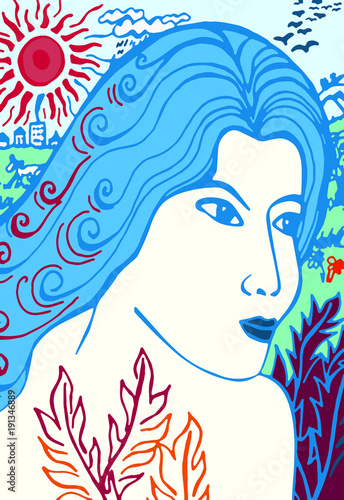 Dessin abstrait d'une femme aux cheveux longs à la campagne en couleurs