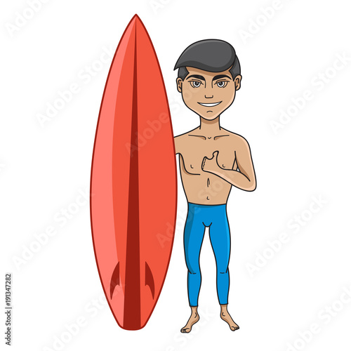 Surfer standing and posing against background board, vector illustration