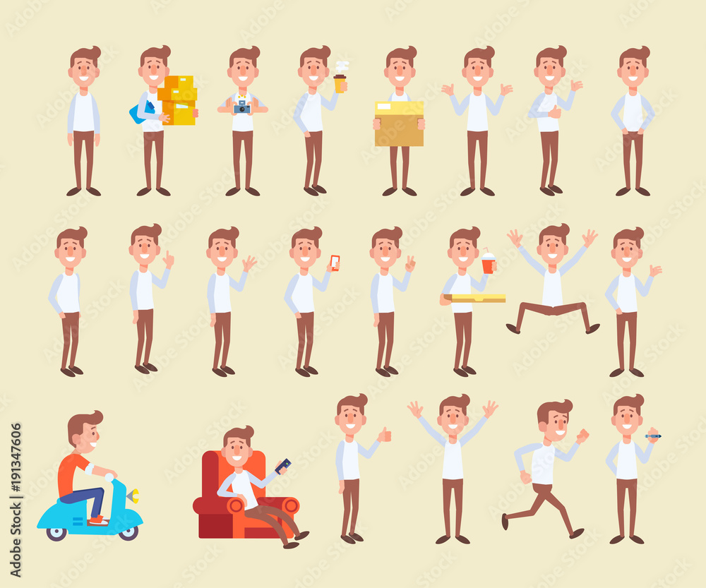 Set of young man in different poses. Vector cartoon character in a flat style for your projects. 