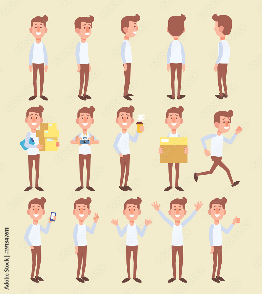 Set of young man in different poses. Vector cartoon character in a flat style for your projects. Set of young man in different poses. Vector cartoon character in a flat style for your projects.