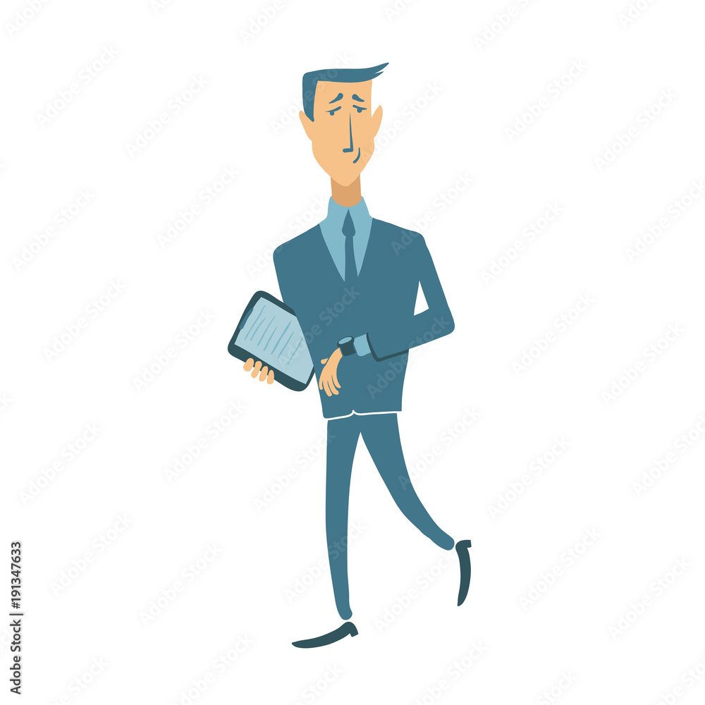 Hurrying businessman looking at the wristwatch, vector illustration, isolated on white background.