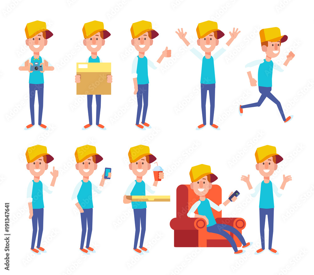Set of young man in different poses. Vector cartoon character in a flat style for your projects. 