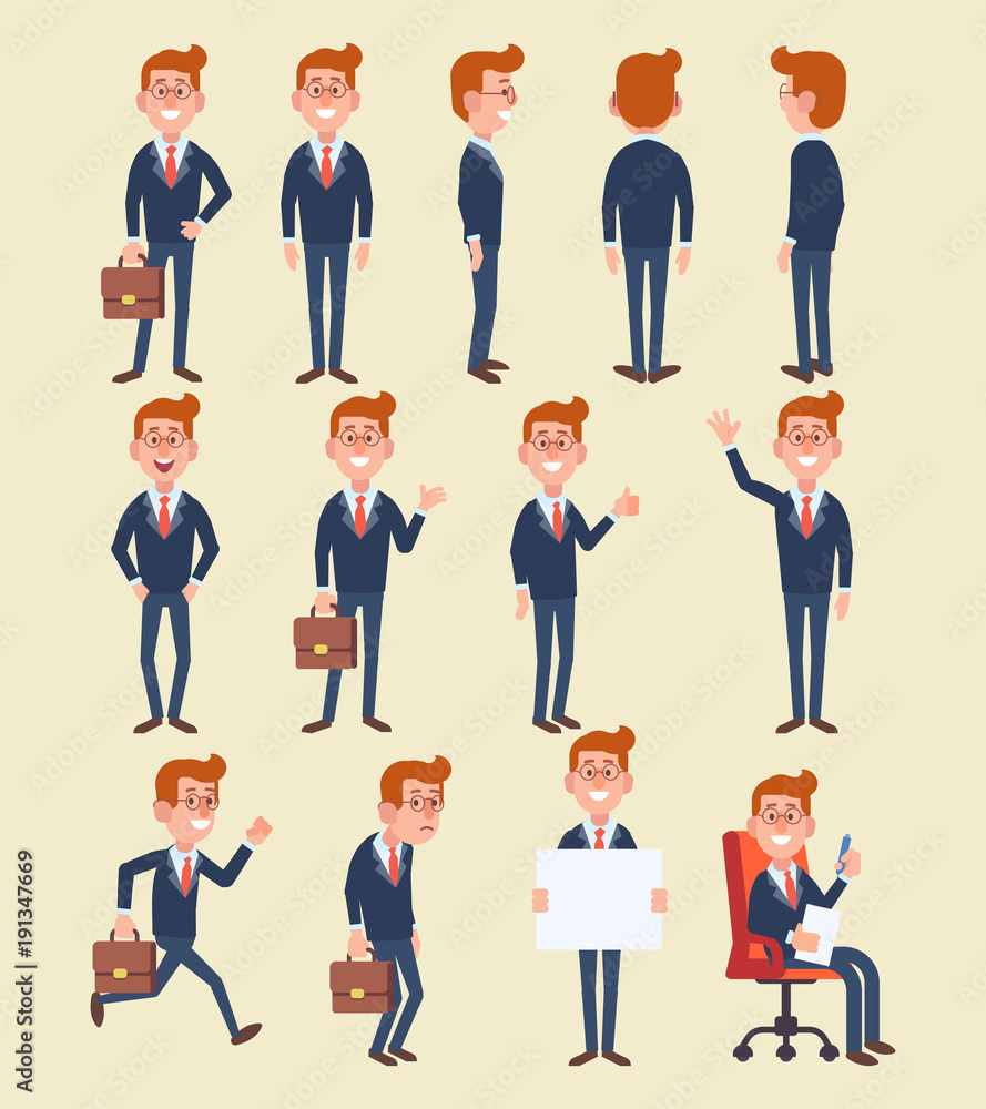 Set of business man in different poses. Vector cartoon character in a flat style for your projects. 