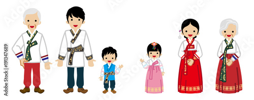 Korean Multi-Generation Family Wearing Traditional costume -Front view
