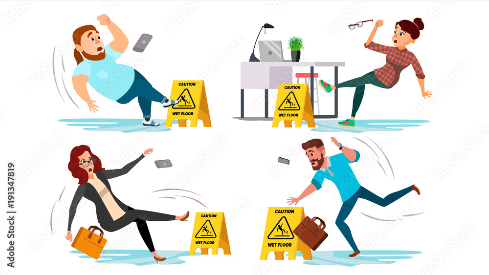 Caution Wet Floor Sign Vector. People Slips On Wet Floor. Situation In Office. Danger Sign. Clean Wet Floor. Isolated Flat Cartoon Character Illustration - obrazy, fototapety, plakaty 