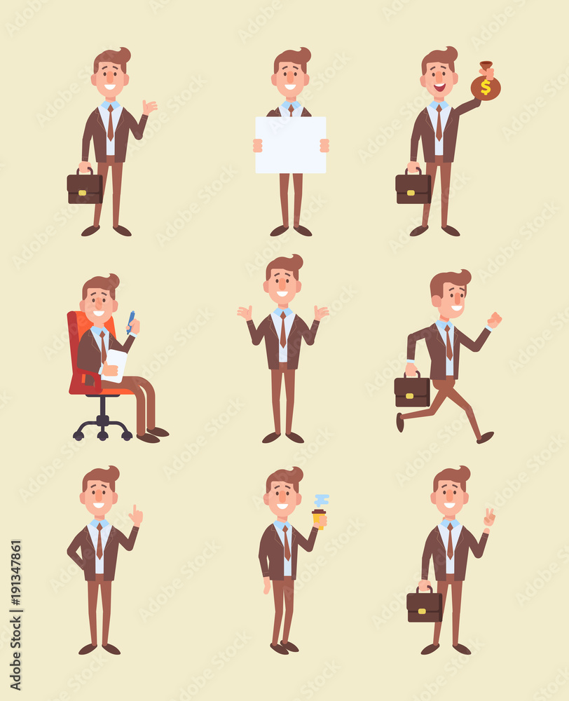 Set of business man in different poses. Vector cartoon character in a flat style for your projects. 
