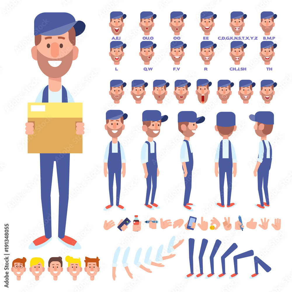 Front, side, back view animated character. Courier young man character creation set with various views, hairstyles, face emotions, poses and gestures. Cartoon style, flat vector illustration. 