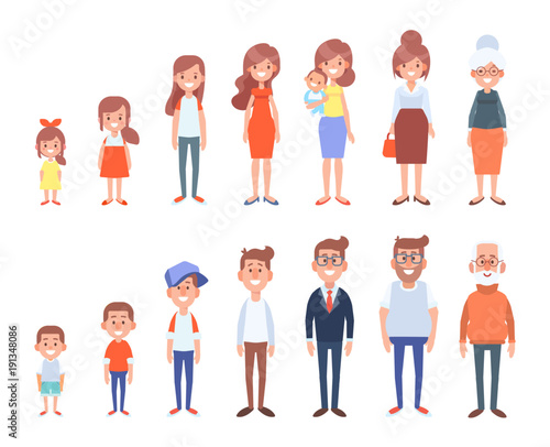 Set of characters in a flat style. Men and women characters, the cycle of life.