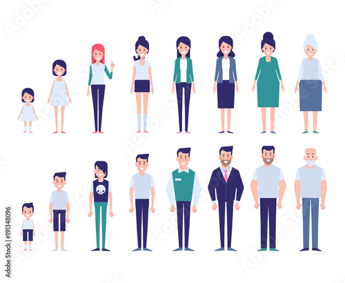 Set of characters in a flat style. Men and women characters, the cycle of life.