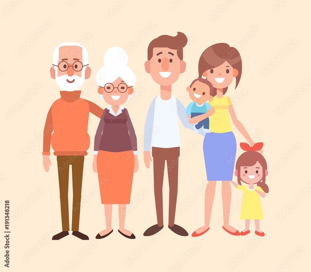 Happy family together - grandfather, grandmother, mom, dad, kids. Vector  set of characters in a flat style good for animation. Cartoon style. Stock  Vector | Adobe Stock